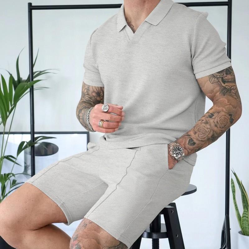 New Summer V-neck Short-sleeved Shorts Two-piece Set with Turn-down Collar Polo Shirt for Men