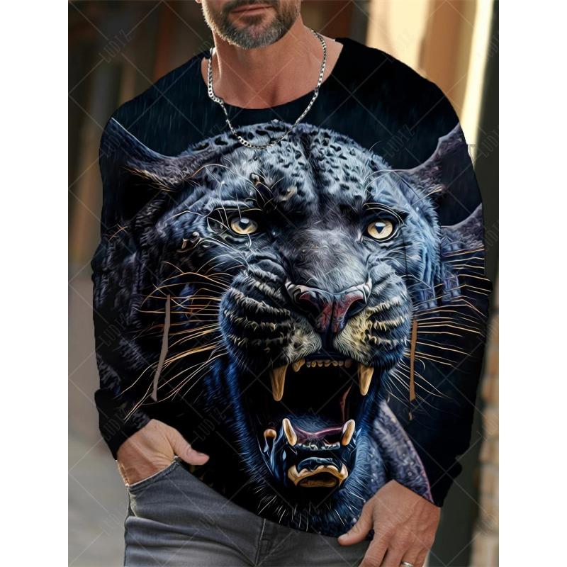 Outdoor Leisure Men's Long-sleeved T-shirt Animal Tiger Lion Leopard Pattern Street Top Sports Fashion Autumn Warm Long Sleeve