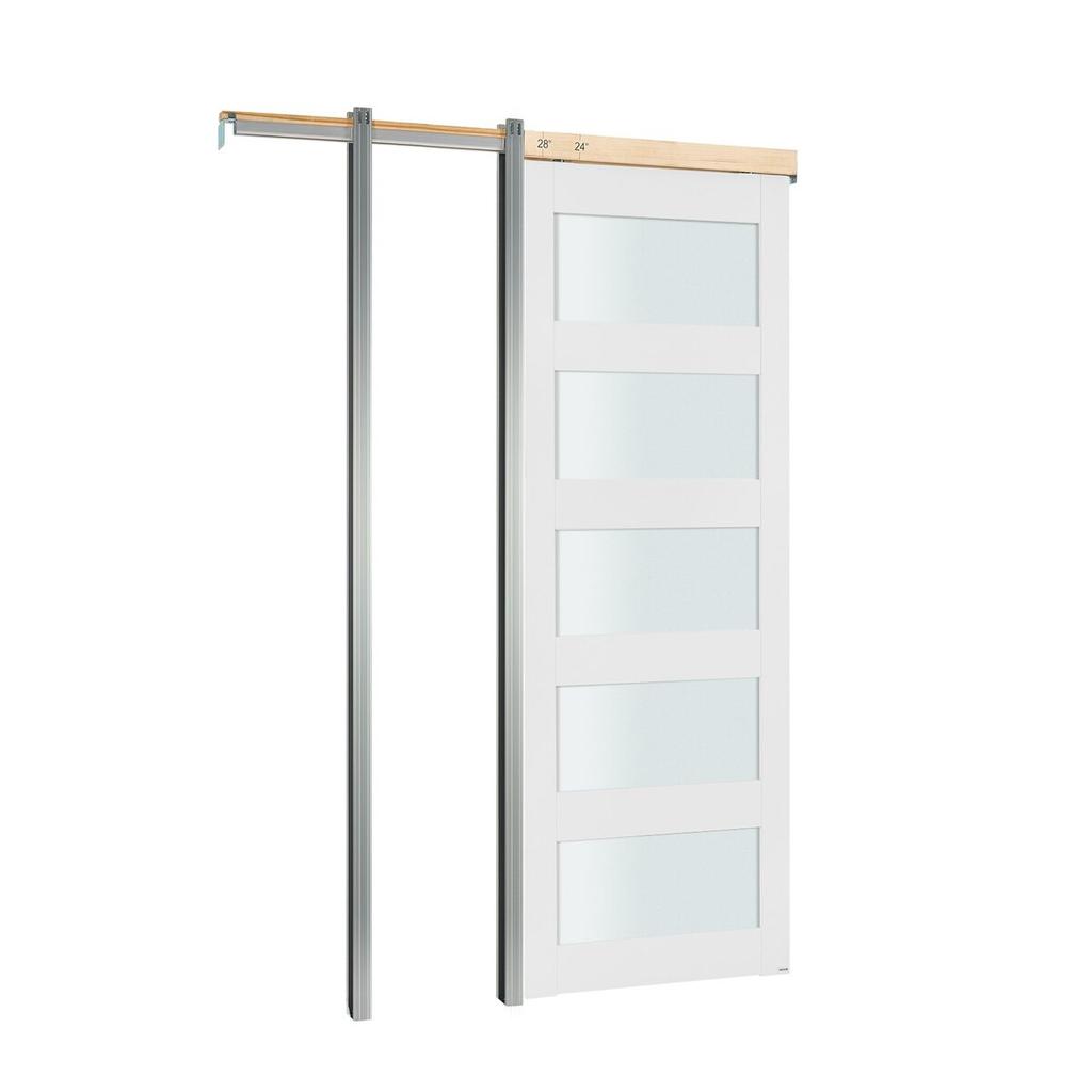 Sliding Pocket Door, 765 x 2035 mm, 5-Lite Frosted Glass Single Sliding Door with Hardware Kit, Sturdy Solid Wood & MDF Pocket Doors Slab with