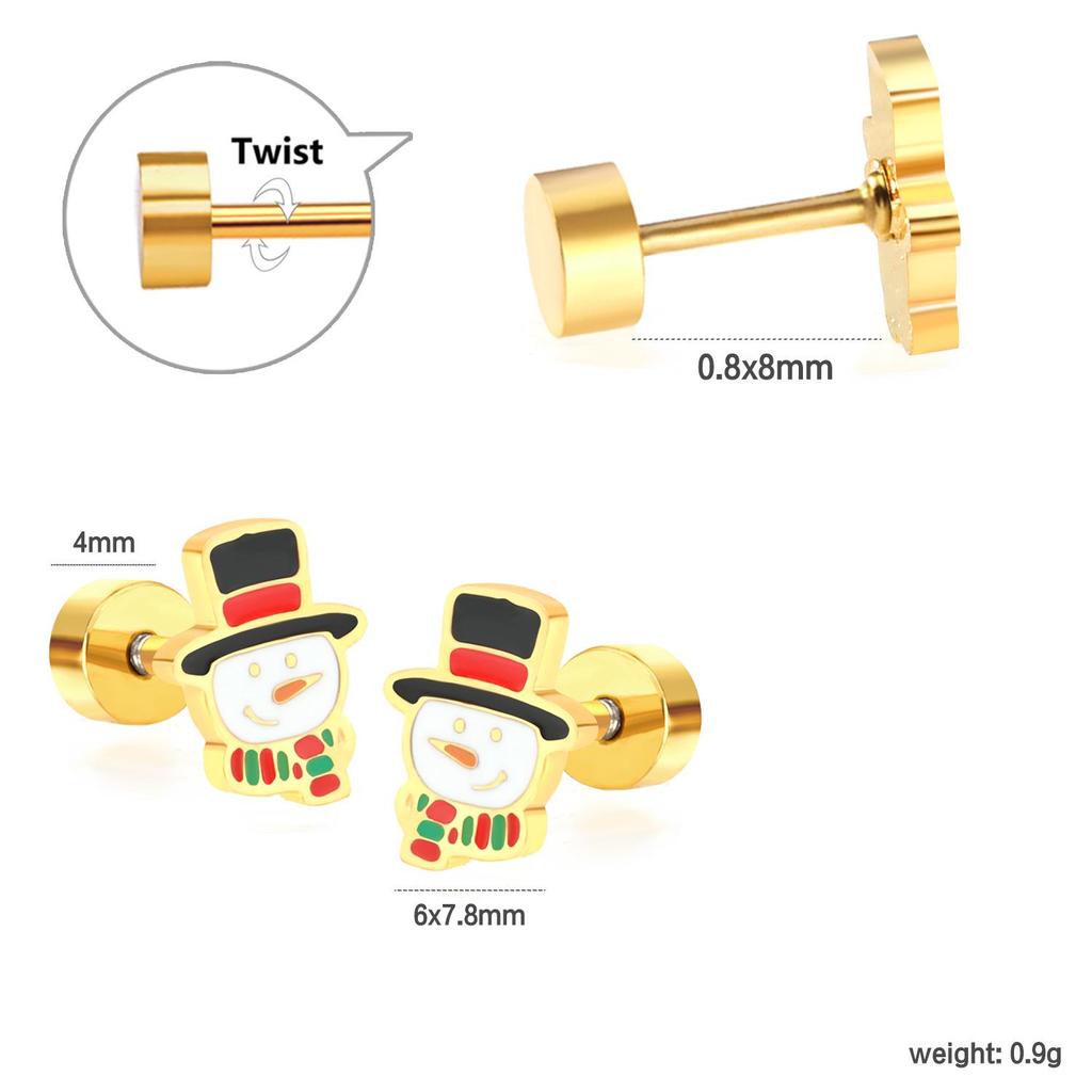 European & American Christmas Snowman Stud Earrings - Cute Pattern, Stainless Steel Screw-Back, Cross-Border Exclusive