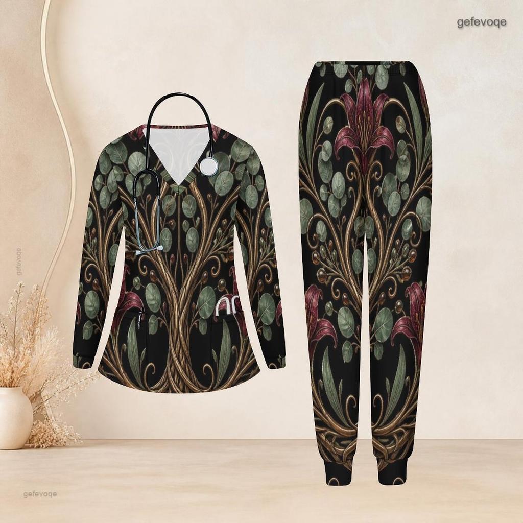 Women Plus Size Printed Nurse Scrub Set V Neck Long Sleeve Top With Pockets Long Pants