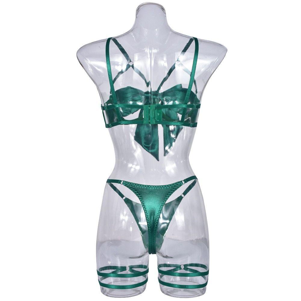 Hollow Out Underwear Three Piece Set Bow Women Lingerie Set Comfortable Satin Silk Bra Suit  Home