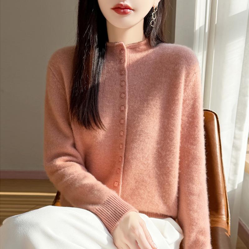 Plus Size Knit Wool Cardigan Sweater with Stand Collar - Women's Long Sleeve Autumn/Winter Fashion
