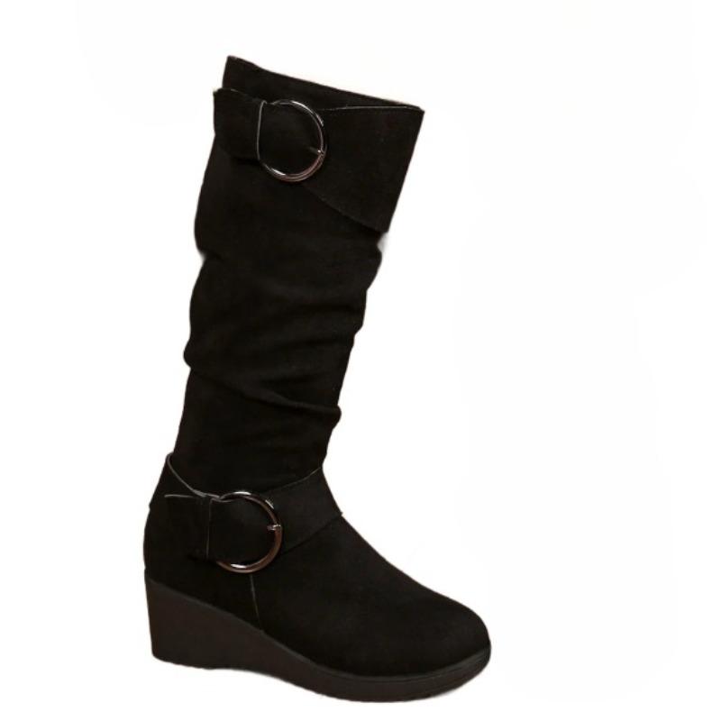 Fashion High Heels Women Suede Long Boots 2025 Winter Fad Elegant Shoes Wedges New Trends Cozy Shoes Classical Buckle Knee Boots Mujer