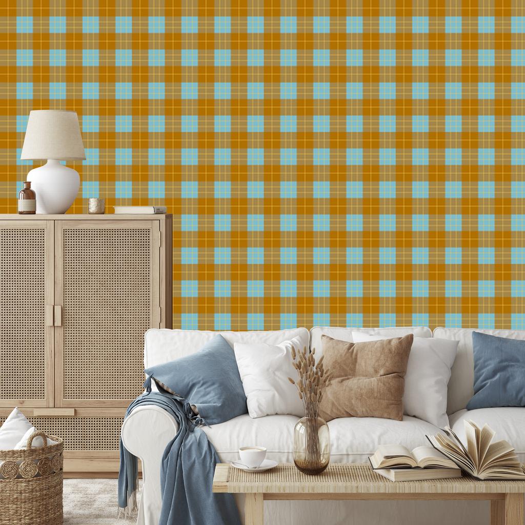 Yellow and blue checkered wallpaper, gold and turquoise, 50x1000
