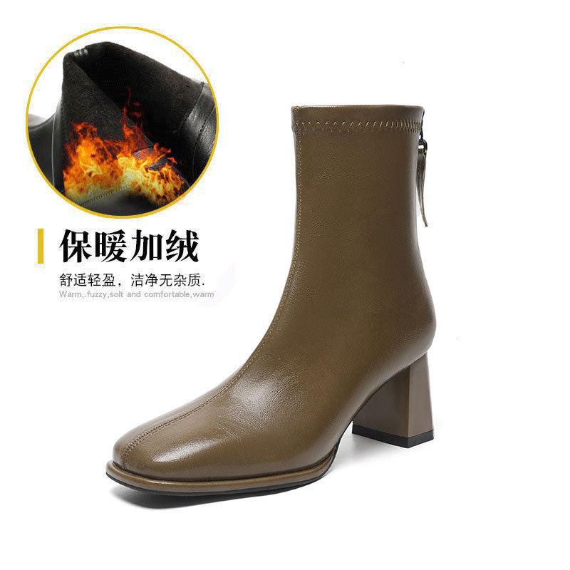 French high-heeled small short boots women's 2024 autumn and winter medium boots brown thick heel square head leather boots new thin boots