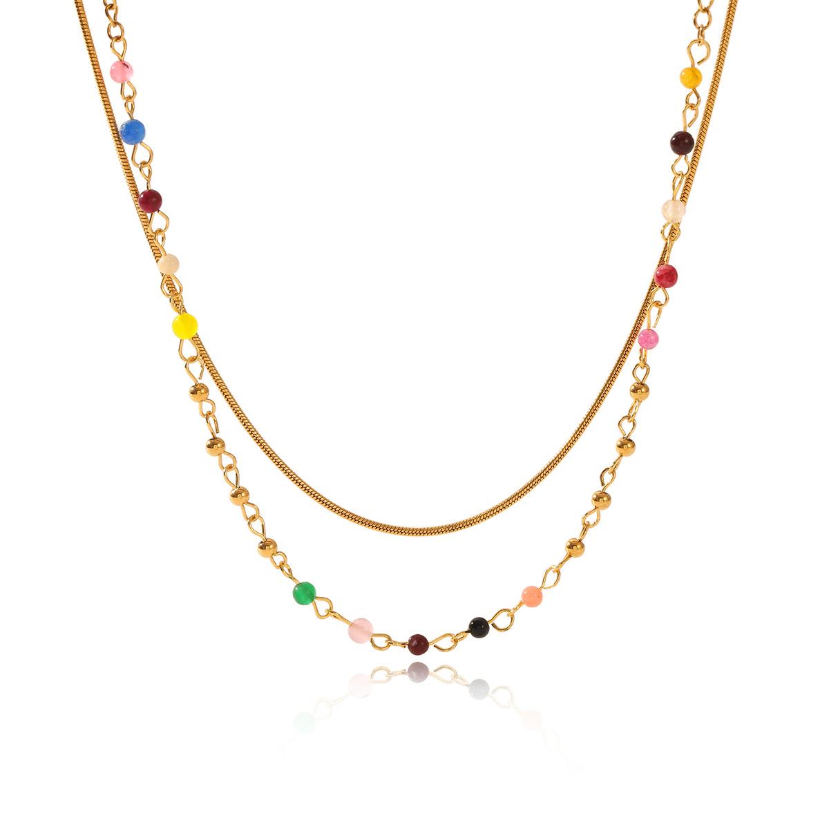 Double Layer Necklace Non-fading Neck Chain Titanium Steel Round Snake Chain Colorful Beaded Chain Bohemian Accessories