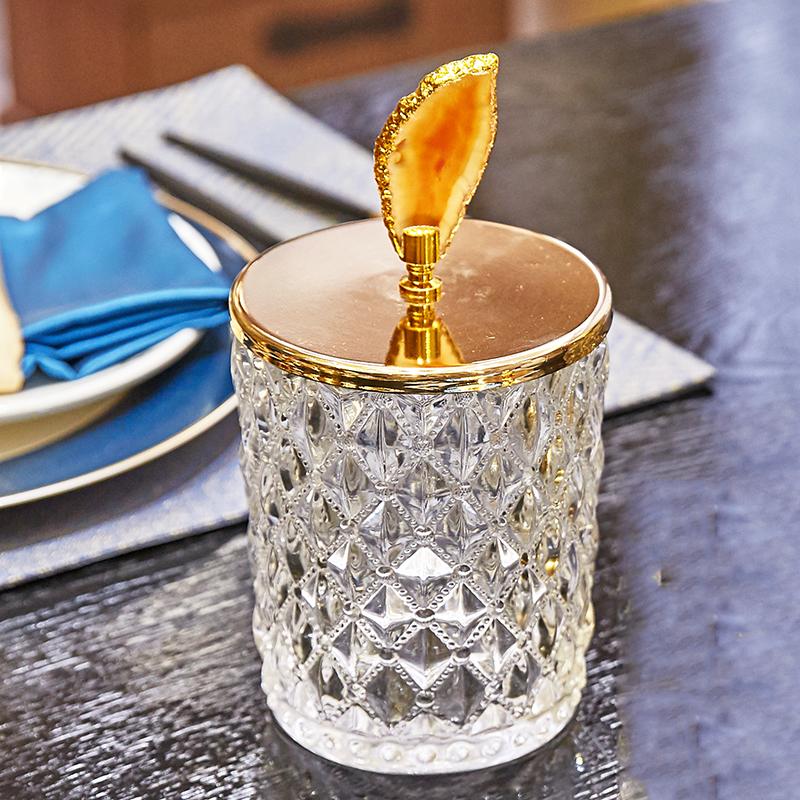 Glass Storage Jars Relief Tea Canister Candy Pot Natural Agate Stone Decorative Crystal Storage Jar with Cover Spice Organizer