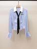 Autumn Women's Striped Shirt with Bow Tie & Flared Sleeves