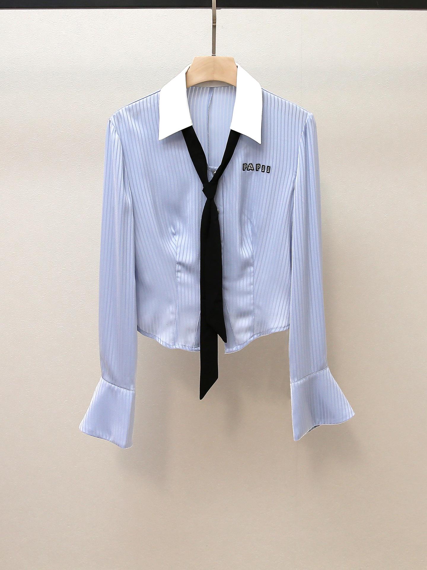 

Autumn Women s Striped Shirt with Bow Tie & Flared Sleeves S