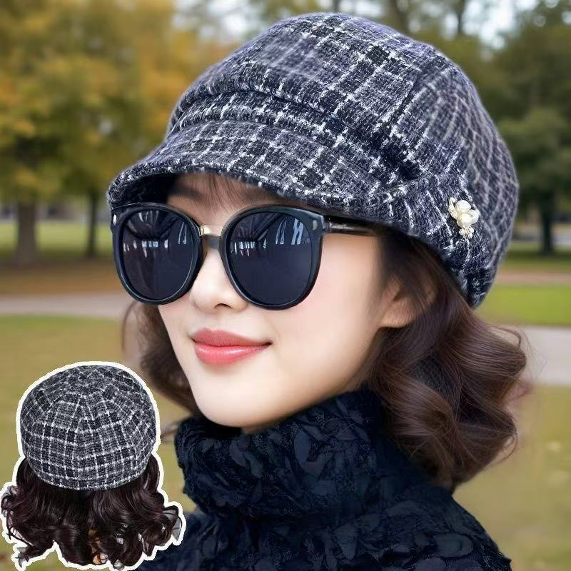 Octagonal Hat With Detachable Short Wavy Wig For Middleaged Women In Spring And Fall Seasons