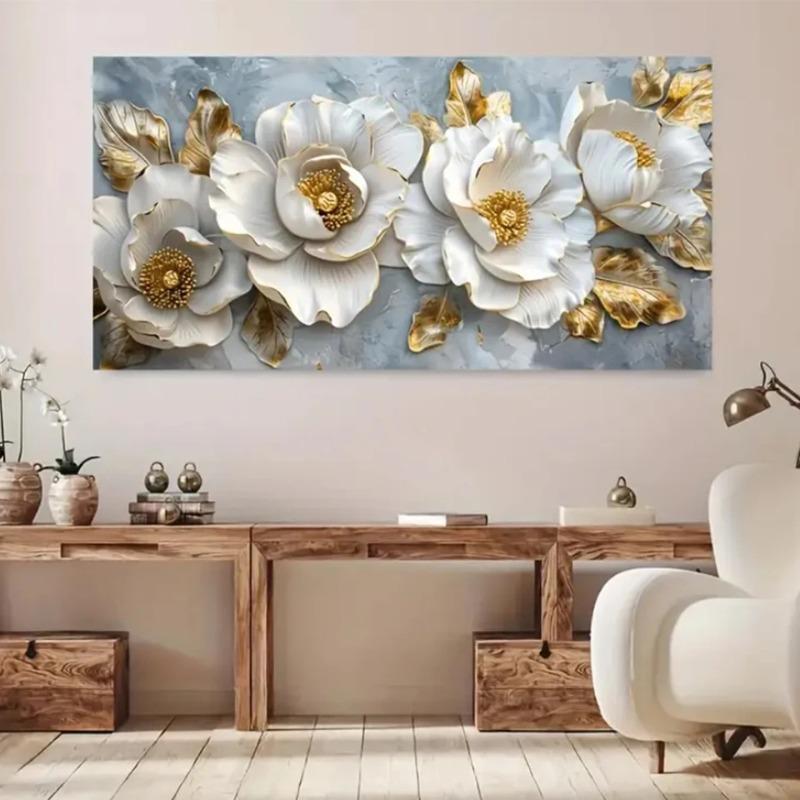 Elegant Style Canvas Poster Prints Art, Frameless Modern Floral Wall Arts Decor, White Flowers with Golden Accents for Livin