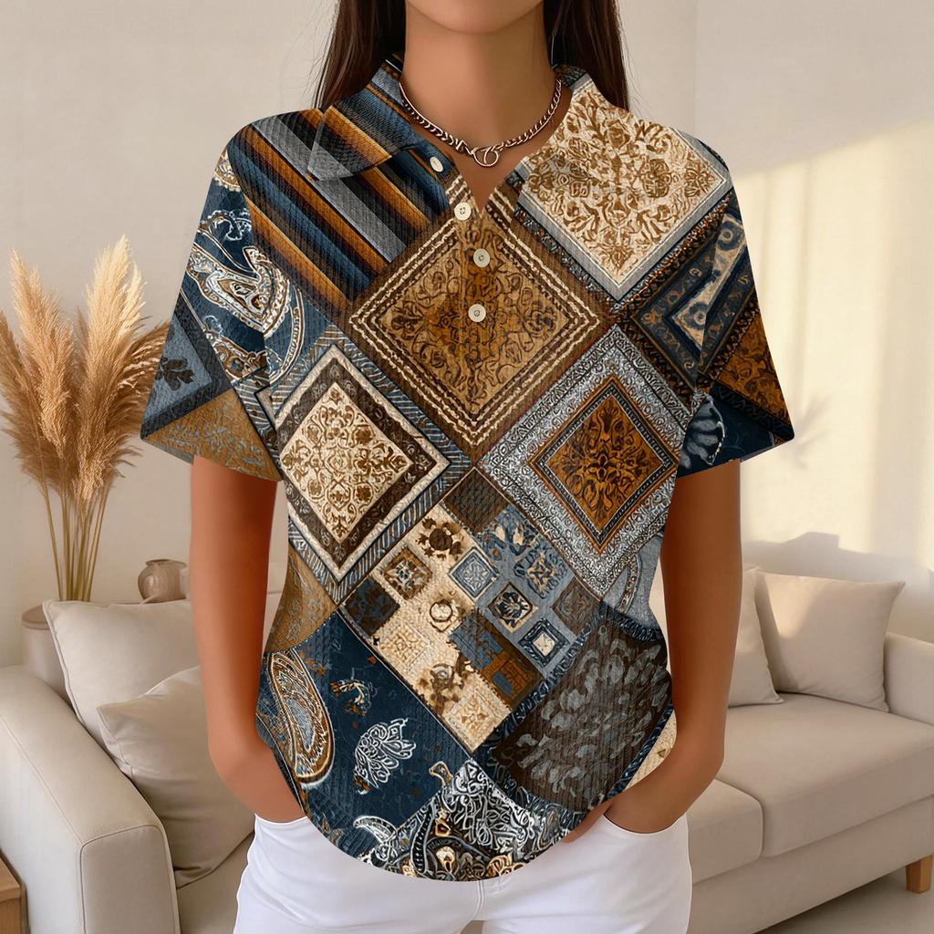 Women's Casual Short Sleeve Retro Floral Print Waffle Knit Polo Shirt Button Down Top with Classic Collar for Everyday Wear