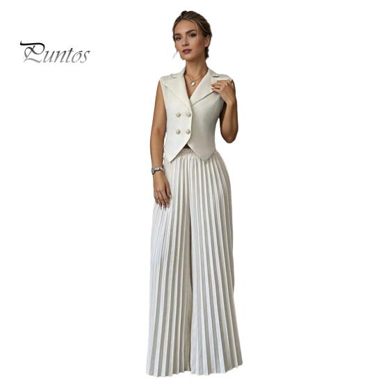 Comfortable Spring Suit Women's 2 Piece Vest Sets Sleeveless Button Crop Blazer Women Set And Wide Leg Pleated Pants Casual Business Outfits Everyday
