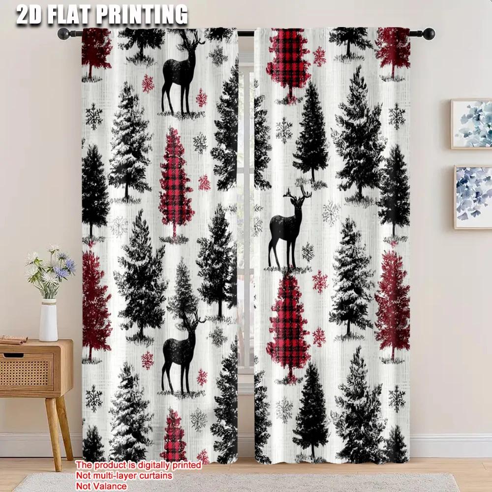 2pcs 2D flat printing Window Treatment Curtains Christmas Deer Snowflake Plaid 100% Polyester Without Electricity Holiday
