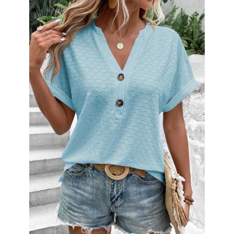 YYFS Women's Fashion Casual Summer Spring Solid Color Print Short Sleeve V-Neck Blouses & Shirts
