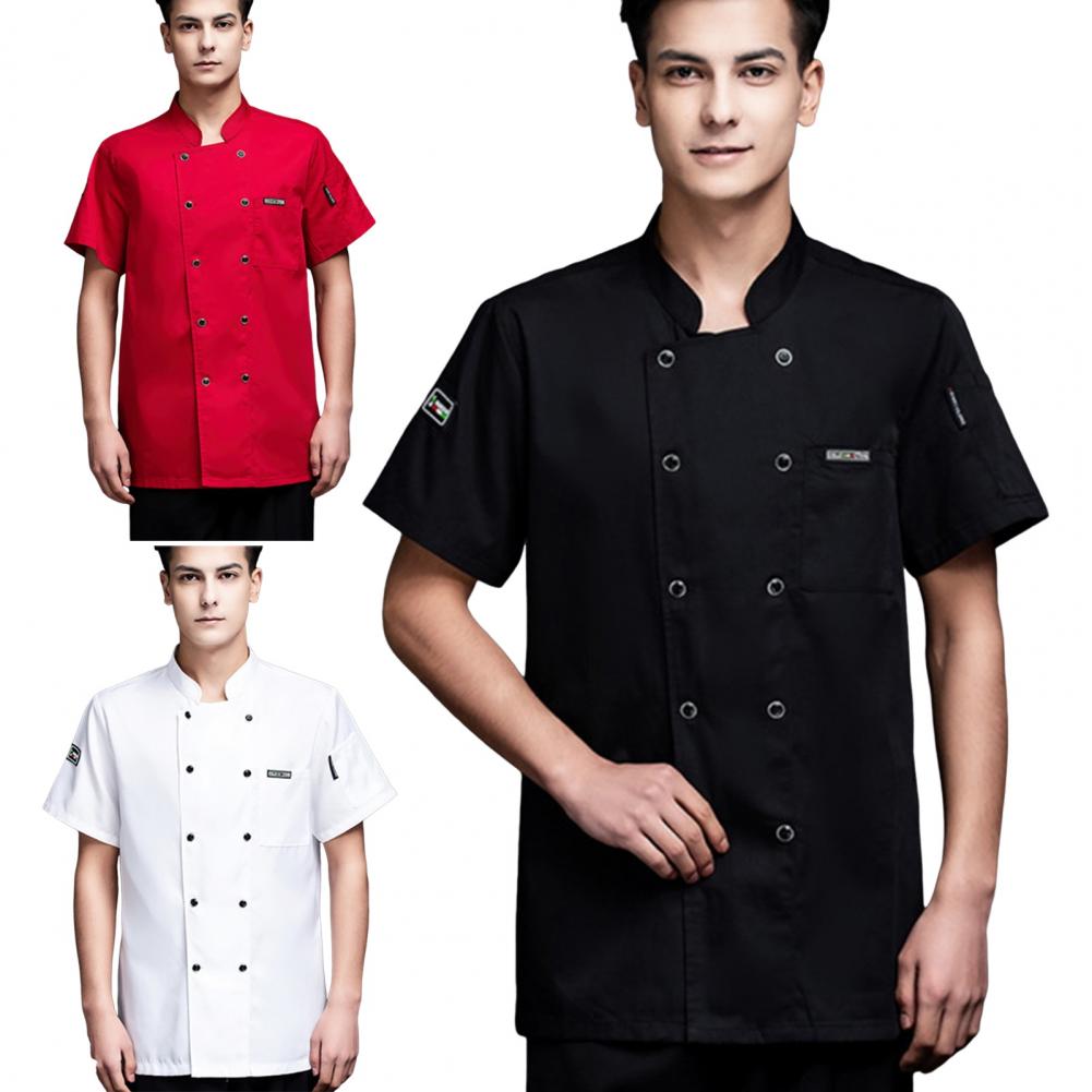 Unisex Chef Shirt Kitchen Double-breasted Short Sleeve Stand Collar Soft Chest Pocket Breathable Stain-resistant Loose Kitchen B
