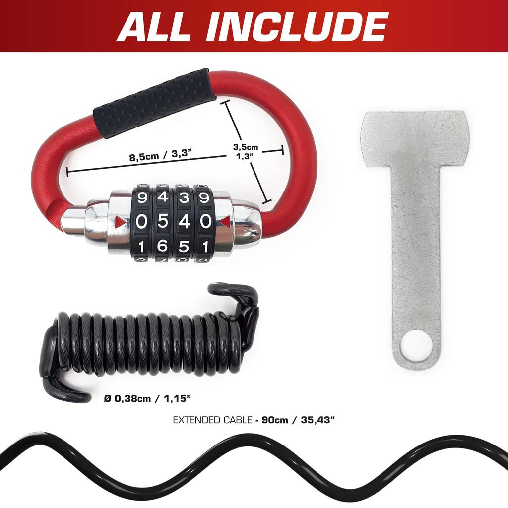 RADIKAL RK540R Motorcykelhjälmslås, PIN-karbinhake, Stöldskydd med Kabel, Cykelkarbinhake Lås, Stöldskyddslås, Hjälmspänne T-adapter