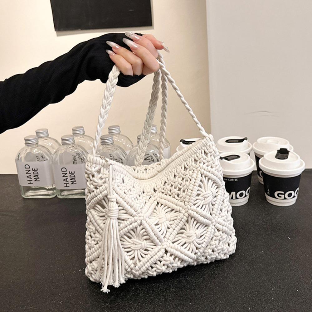 

Vintage Beach Tassel Handbag Bohemian Style Tote Bag Casual Woven Hollow Out Shoulder Bag Travel верблюд