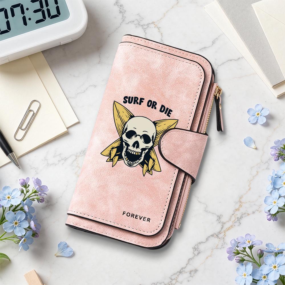 Surf Skull Print Long Wallet Bifold Multi Card Holder Casual Purse
