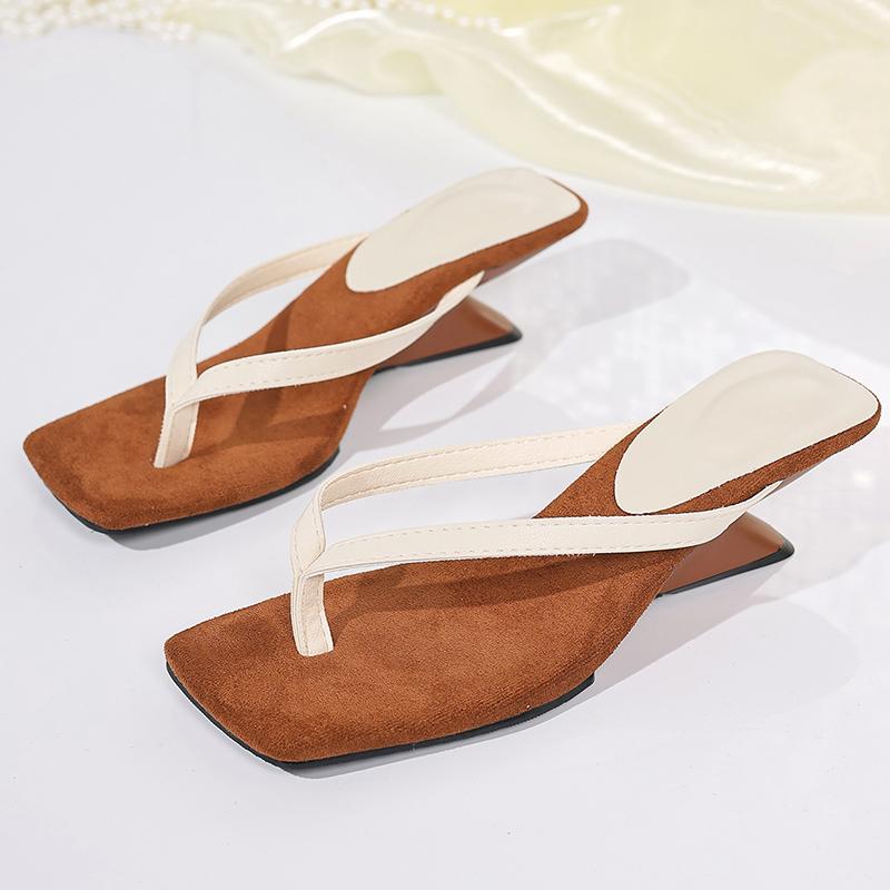 Fashion Fashion Hoof Heels Flip Flops for Women 2025 Summer Square Toe Clip Toe Sandals Woman Designer Style Med Heeled Slippers Female