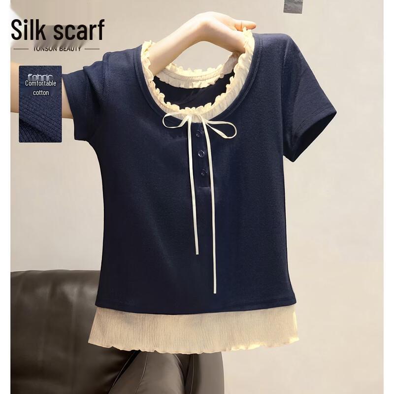 Women s Color-Blocked Lace-Collar Short-Sleeve T-Shirt M