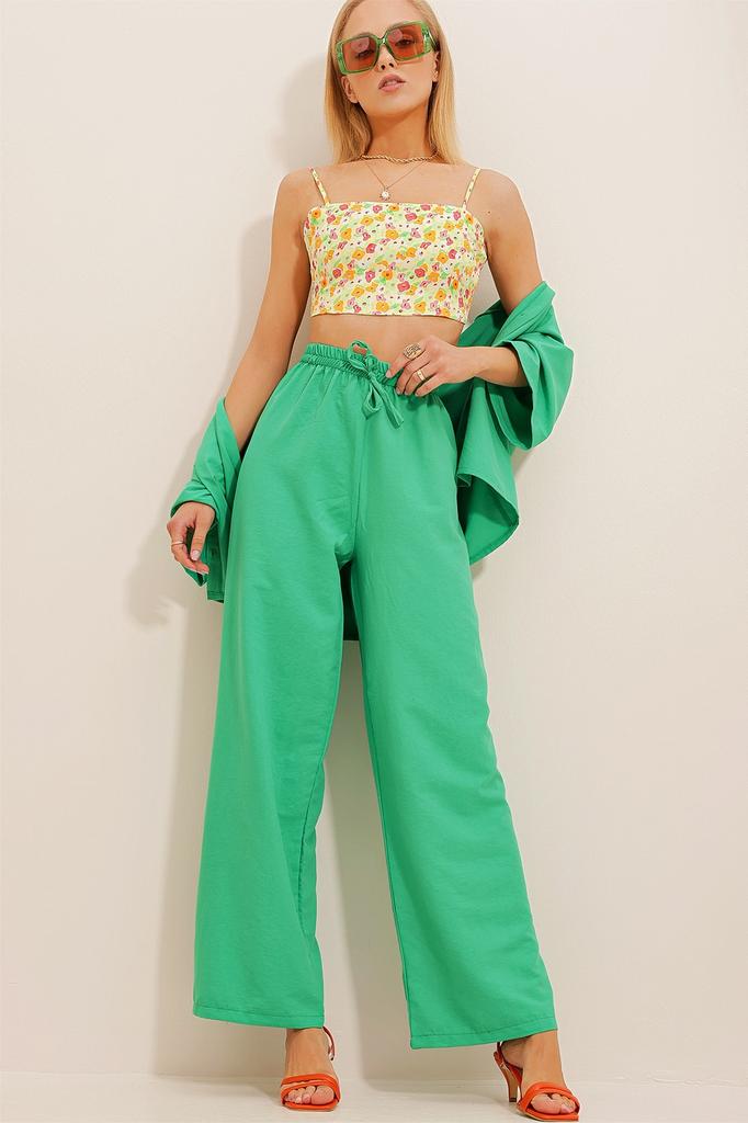 Women's Trousers New Season Fashion Vibrant Green Elastic Waist Comfortable Cute Aerobin Trousers