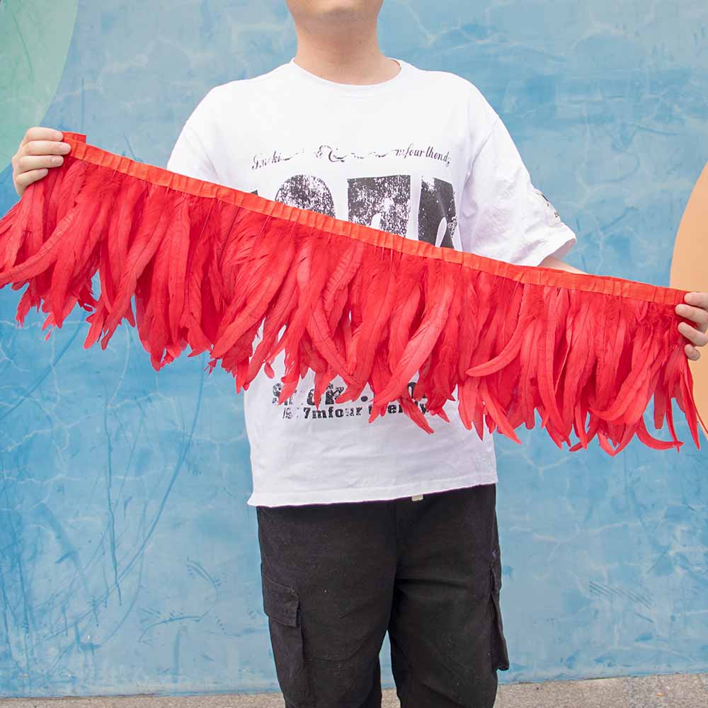 1 Meter Natürliches Rotes Hahnenhechel Federbesatz Fransen 10-12 Zoll Hochzeit Karneval Party Dekoration DIY Kleidung Nähen Handwerk