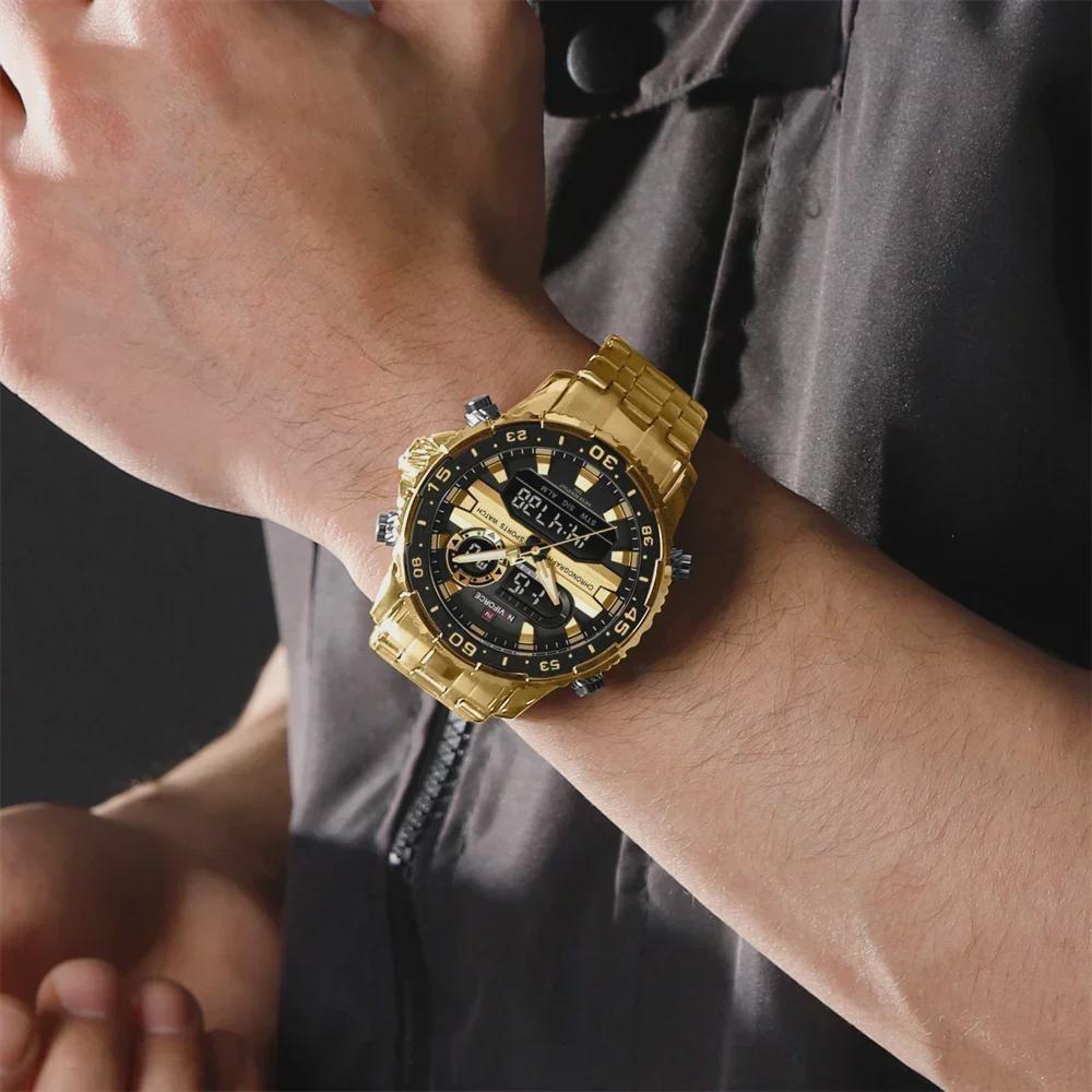 Fashion Golden Men Watch Multi-functional Quartz Wrist Watches Quartz Analog + LED Digital Movement Waterproof Steel Strap