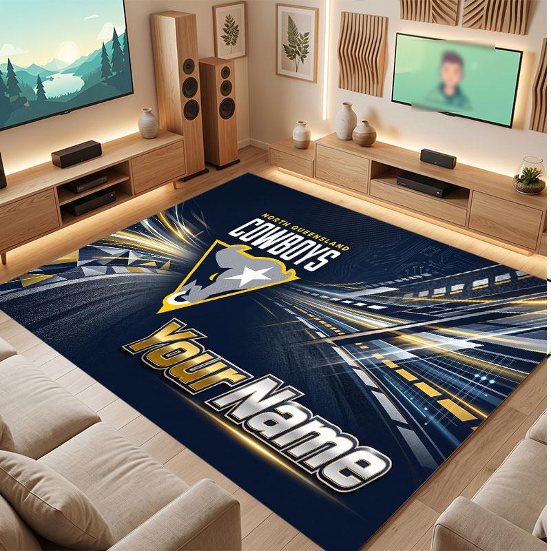 North Queensland Cowboys Personalized Crystal Velvet Carpet, Customized Name Text Soft Anti‑Slip Rug for Living Room Bedroom