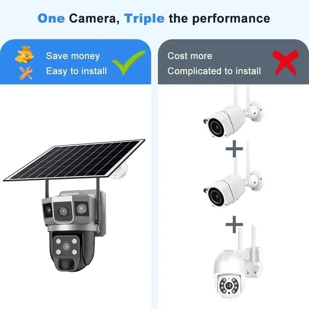 4G SIM Card Solar IP Camera 6K 12MP Three Screens 10X Zoom Outdoor CCTV Auto Tracking Build In Battery Waterproof Security Protection Cam