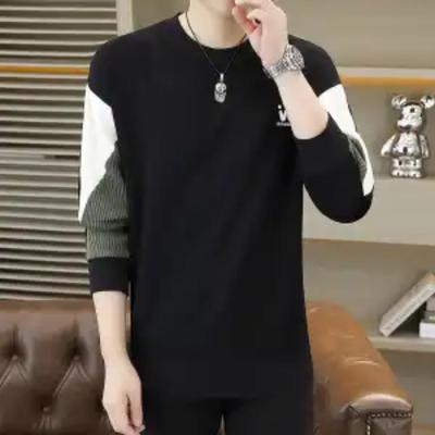 Men's Velvet Thickened Sweatshirt Long-sleeved T-shirt Autumn and Winter Trendy Round Neck Splicing Versatile Casual Top
