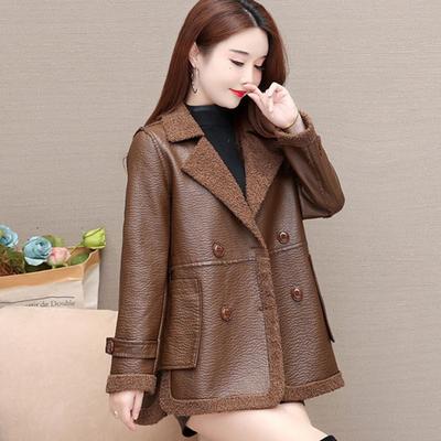 Autumn Winter Women Jacket Thickened Fleece Faux Leather Patchwork Dual-sided Mid Length Plus Size Pockets Double-breasted Notch Collar Overcoat