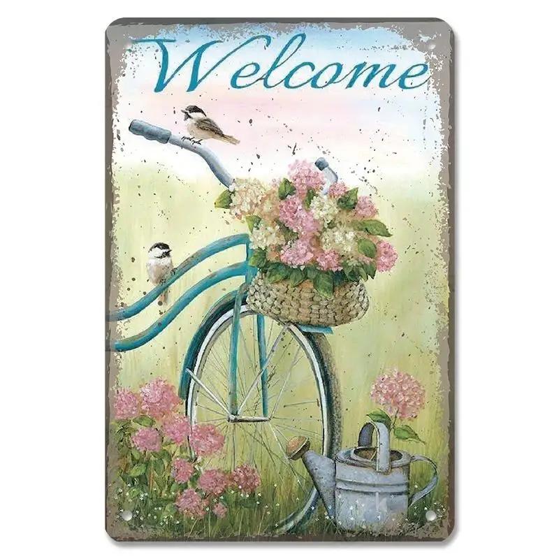 D Flat Metal Sign Vintage Welcome Garden Tin Sign Set Rustic Home Decor Butterfly Flower Watering Can Wall Art