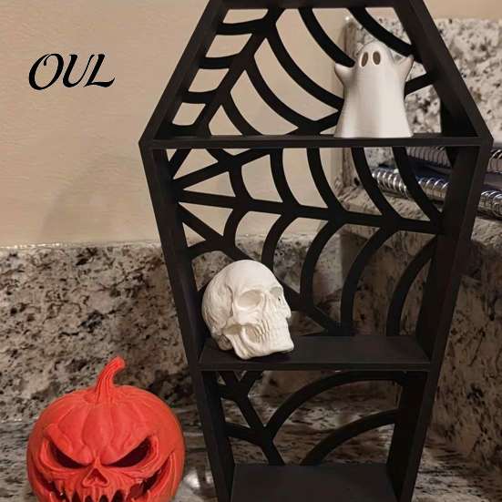 Schädel-Sammlungshalter Sargförmiges Spinnennetz-Display-Regal, 3D-gedruckter gotischer mehrstufiger Mini-Ständer Figur, Regal Halloween Schwarzes Hohlregal