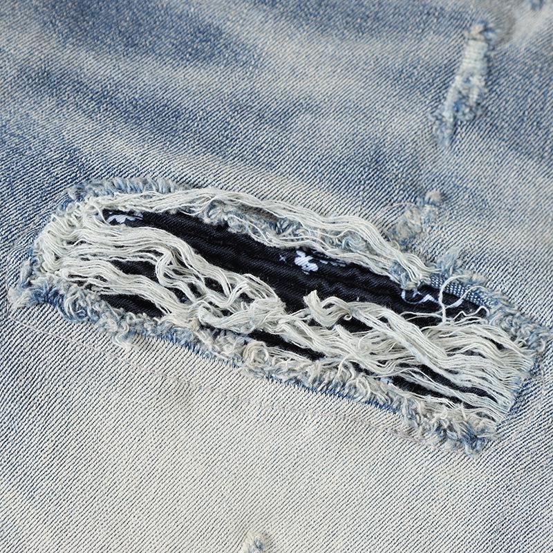 Men's Slim Fit Ripped Patch Button Placket Jeans - European & American High Street Fashion, Blue