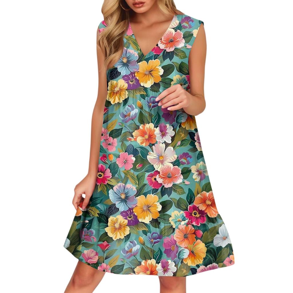 Women's Casual Fashion Breathable V-neck Vest With Pockets Floral Holiday Dress