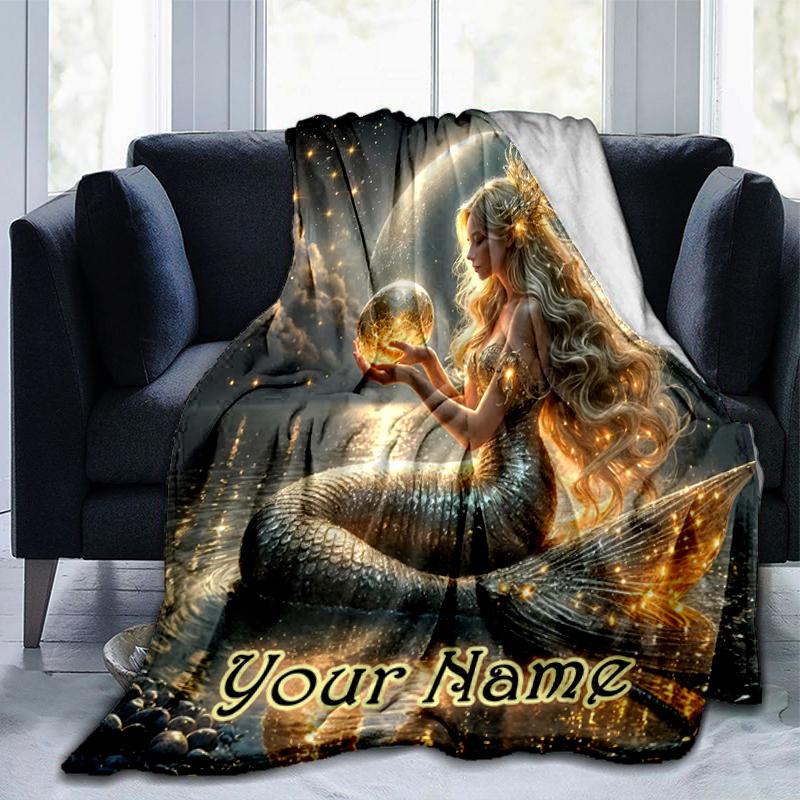 1PC Custom Name Mermaid's Moonlit Dream flannel blanket versatile,all-season throw suitable for the living room,bedroom,camping,travel,and gift