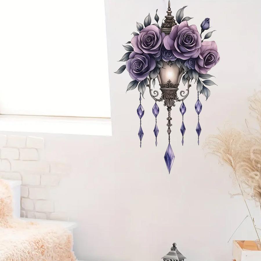 Cartoon Aesthetic Purple Floral Chandelier Wall Stickers, Self-Adhesive Girly Room Decor Decals