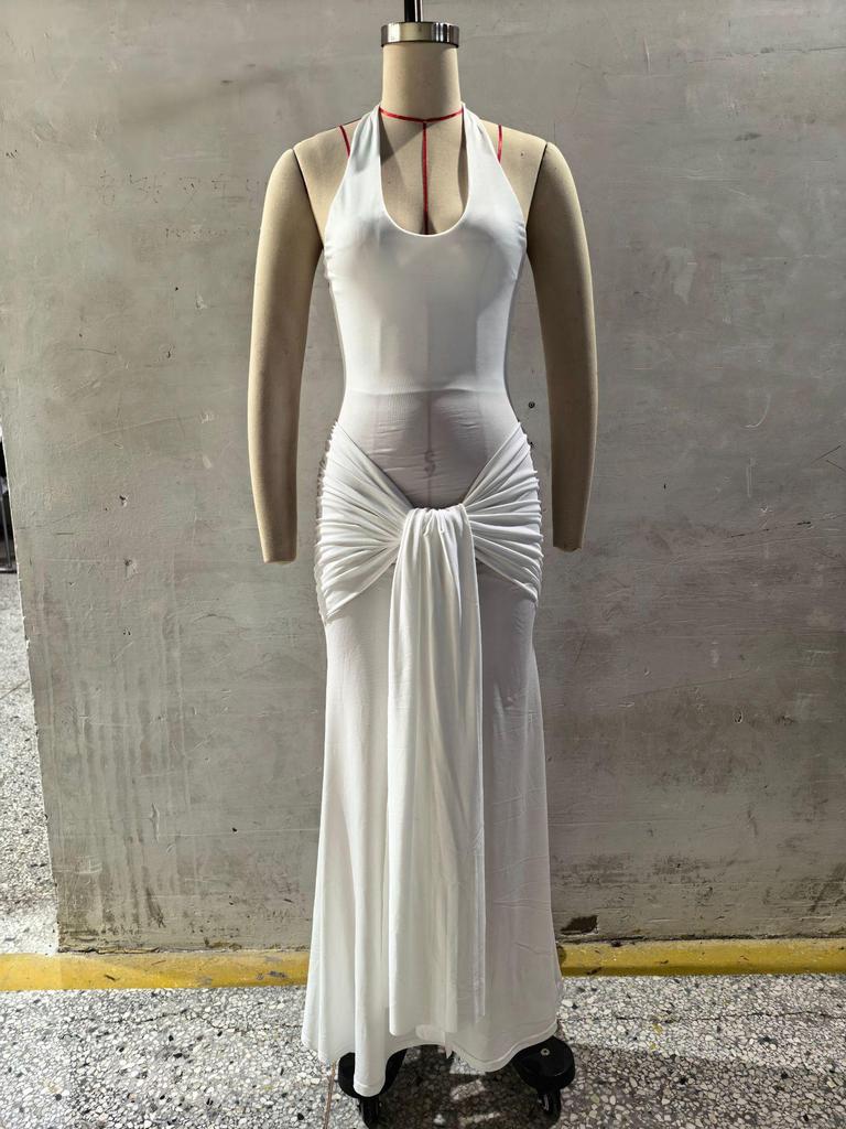 2025 Women's European & American Style Spliced Strappy Long Slim Fit Halterneck Formal Dress
