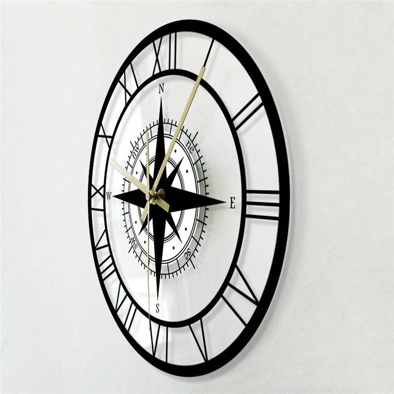 LED Hollow Wall Clock Black Compass Directional Chart Navigation Acrylic Decorative Wall Hanging Clock Watch Home Decoration