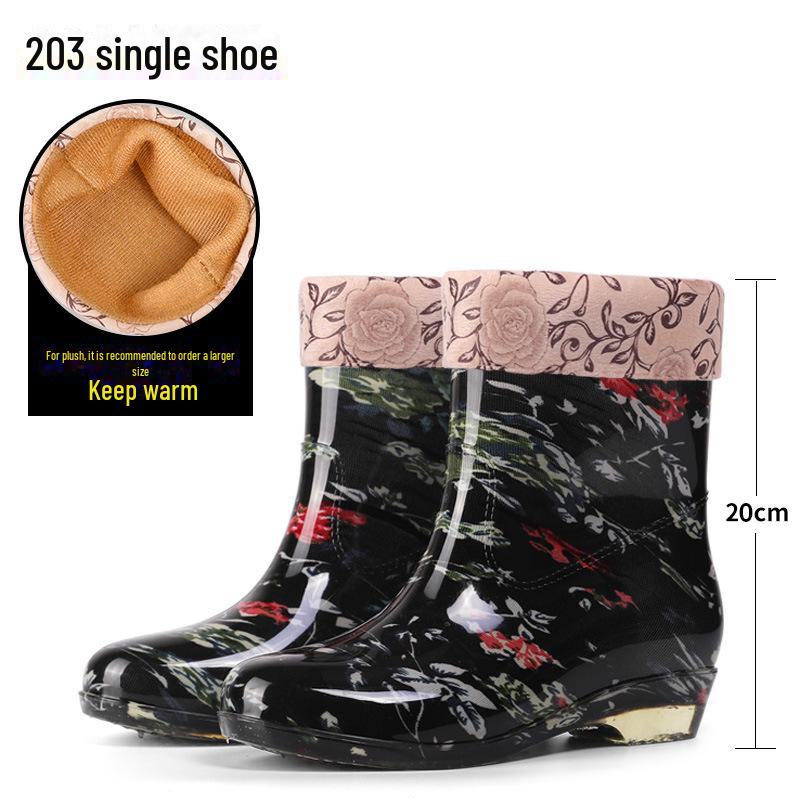 Women's Floral Crystal Rain Boots: Mid-Tube, Thick Rubber, Transparent Sole, Waterproof Kitchen Shoes