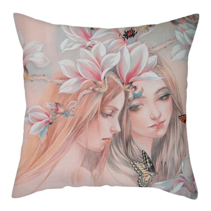 Abstract Flower Girl Painting Picture Cushion Cover Polyester Pillows Cover For Home Sofa Decorative Throw Pillowcase 45X45Cm