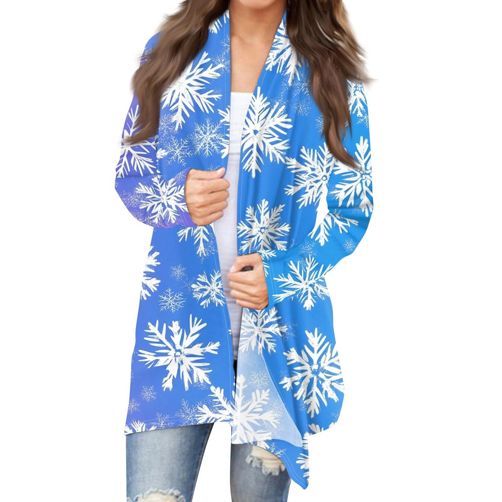 

Женская модная рождественская куртка с принтом, повседневный кардиган с длинным рукавом, пальто XXL синий