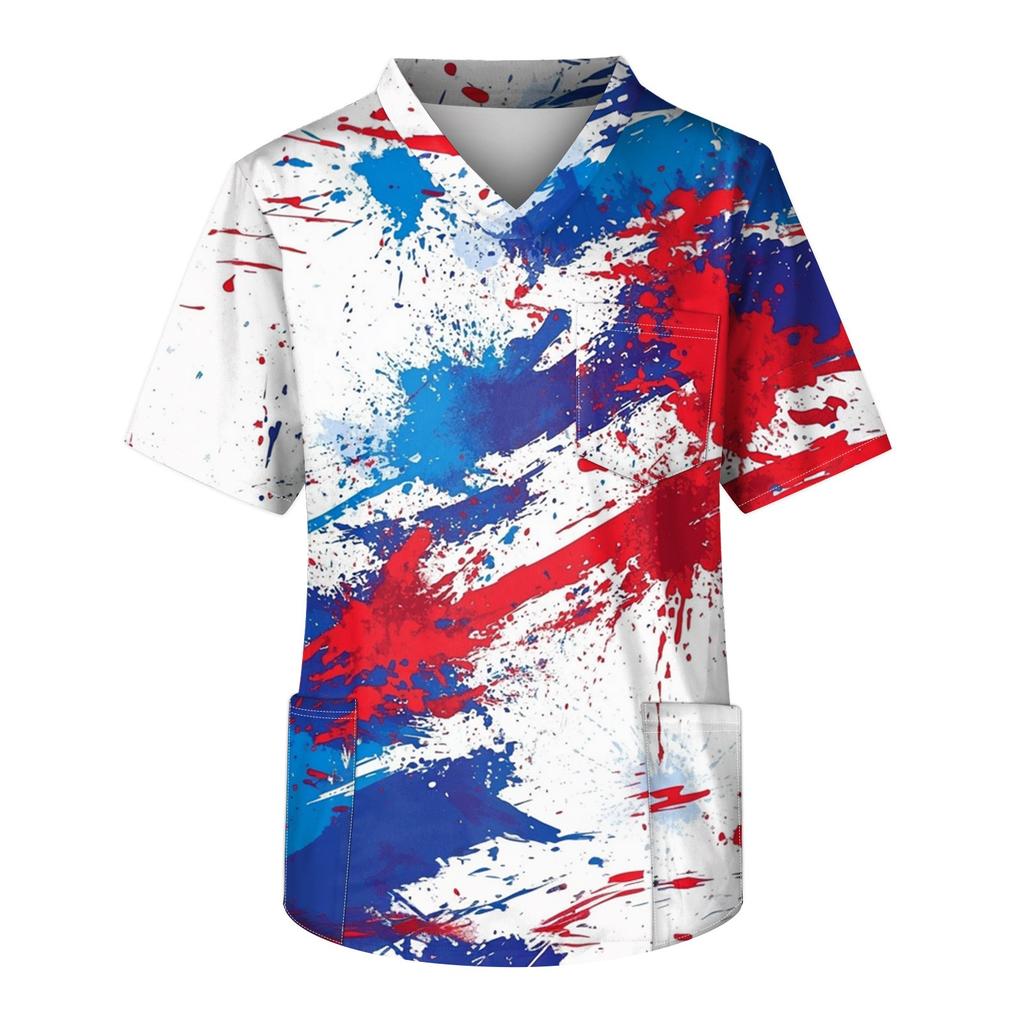 Men's Short Sleeve V-Neck Print Chest Pocket Care Top