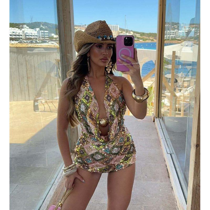 

European and American New Style Checkered Spicy Girl Fashion Outfit, Slim-Fit Sequin Shell Shorts Set Pink S