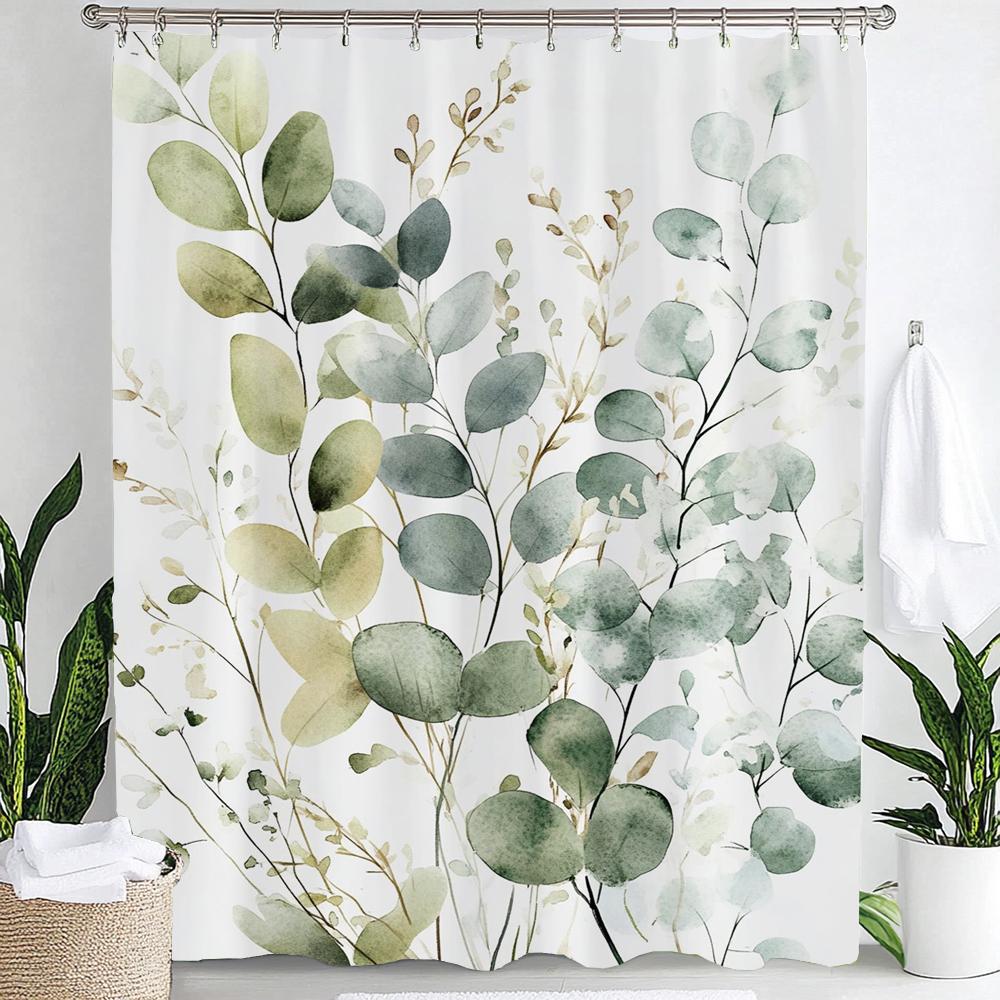 Watercolor Botanical Floral Leaf Shower Curtain, Floral Bathroom Decorative Shower Curtain, Print Fabric Home Curtain with Hooks