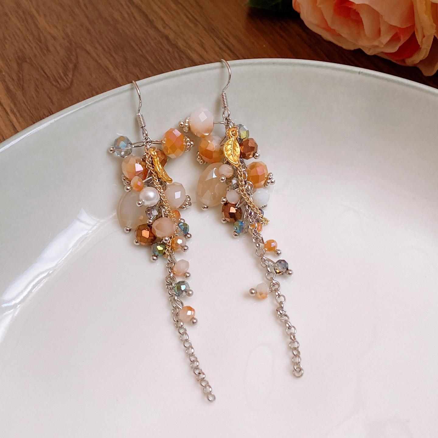 

Retro ethnic windshield beaded fringed earrings light luxury ear hook earrings women
