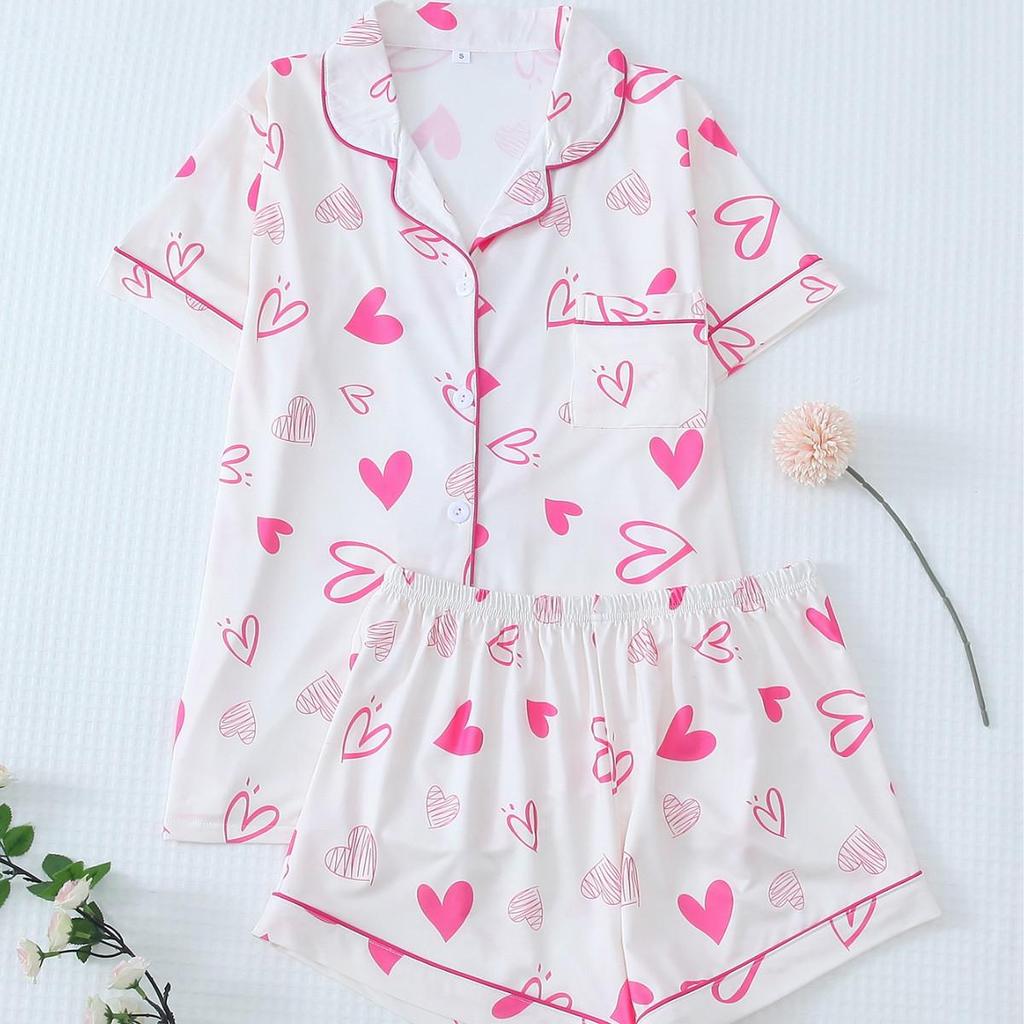 Bow Short-Sleeve Pajama Shorts Set – Stylish Indoor/Outdoor Wear