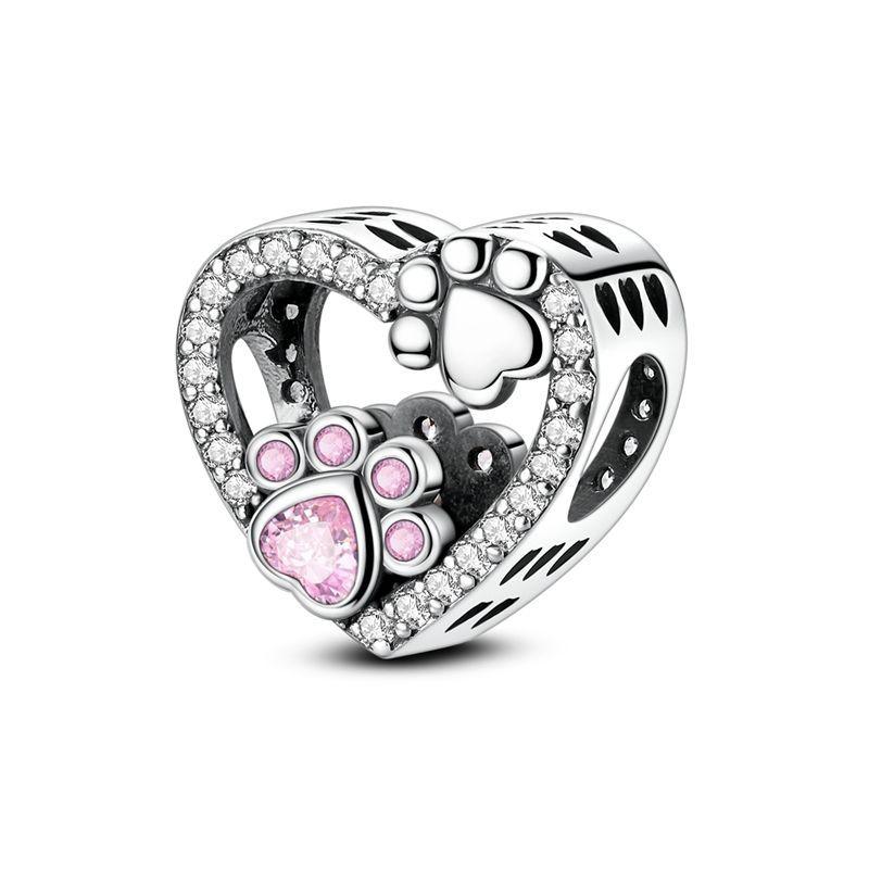 Affascinante Bracciale Collana con Perline a Forma di Cuore in Argento 925 Amore Familiare Impronta di Zampa Animale Adatto alle Donne Regali Fai da Te per le Feste